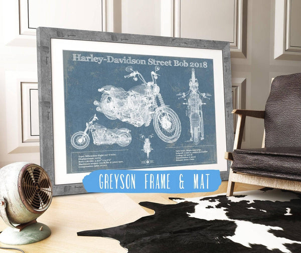 14" x 11" / Greyson Frame & Mat Cutler West Harley-Davidson Street Bob 2018 Blueprint Motorcycle Patent Print