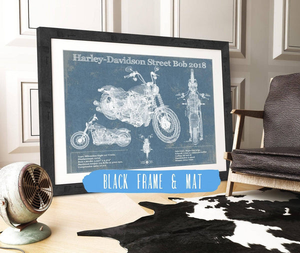 20" x 16" / Black Frame & Mat Cutler West Harley-Davidson Street Bob 2018 Blueprint Motorcycle Patent Print