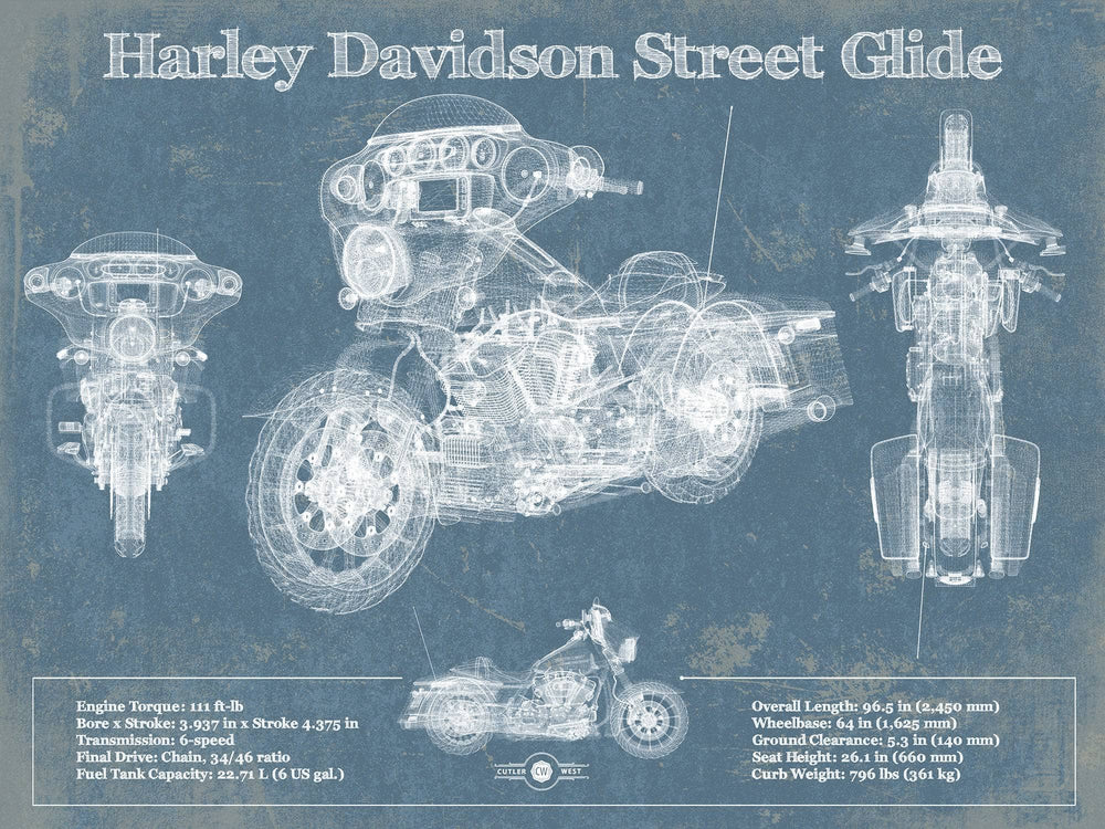 14" x 11" / Stretched Canvas Wrap Cutler West Harley Davidson Street Glide Motorcycle Patent Print