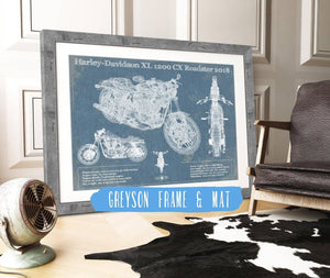 14" x 11" / Greyson Frame & Mat Cutler West Harley-Davidson XL 1200 CX Roadster 2018 Blueprint Motorcycle Patent Print