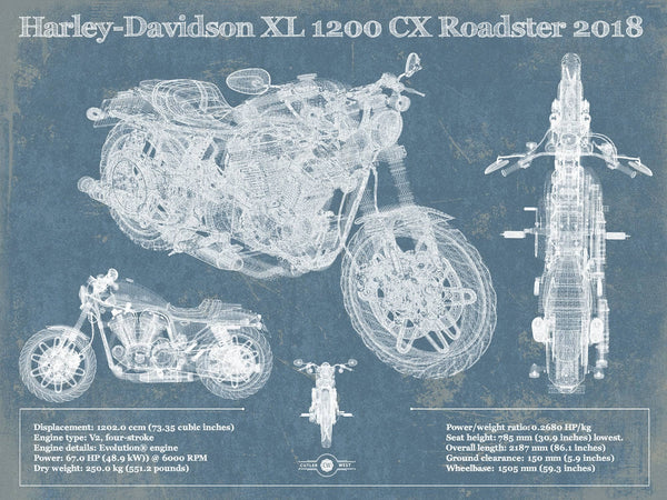 14" x 11" / Unframed Cutler West Harley-Davidson XL 1200 CX Roadster 2018 Blueprint Motorcycle Patent Print