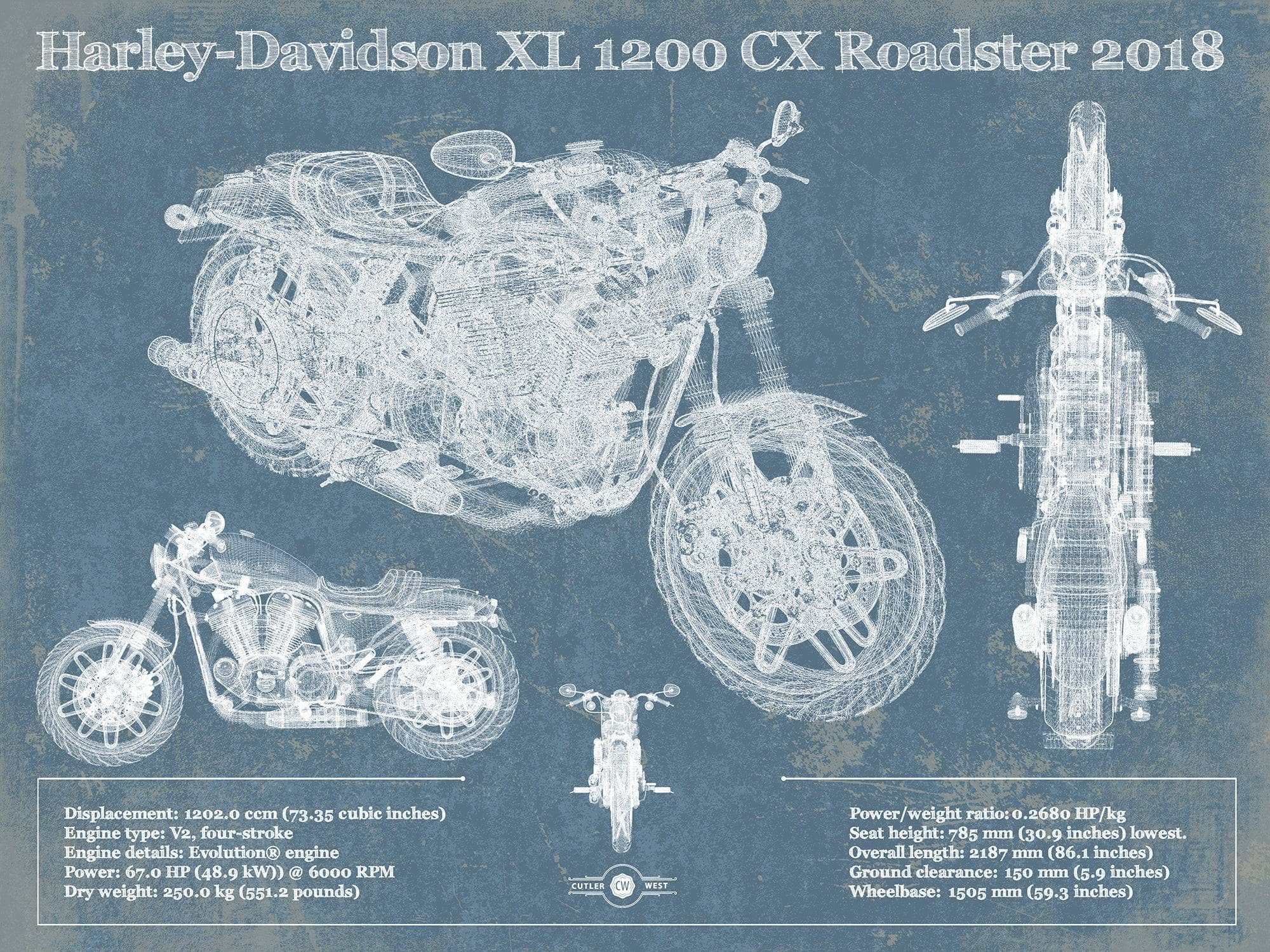 Cutler West 14" x 11" / Unframed Harley-Davidson XL 1200 CX Roadster 2018 Blueprint Motorcycle Patent Print 833110145_12398