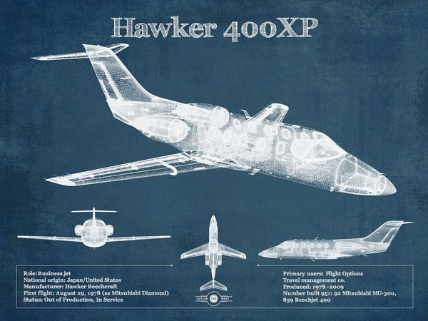 14" x 11" / Unframed Cutler West Hawker 400XP Vintage Blueprint Airplane Print