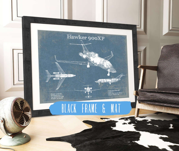 20" x 16" / Black Frame & Mat Cutler West Hawker 900XP Vintage Aviation Blueprint Print - Custom Pilot Name Can Be Added