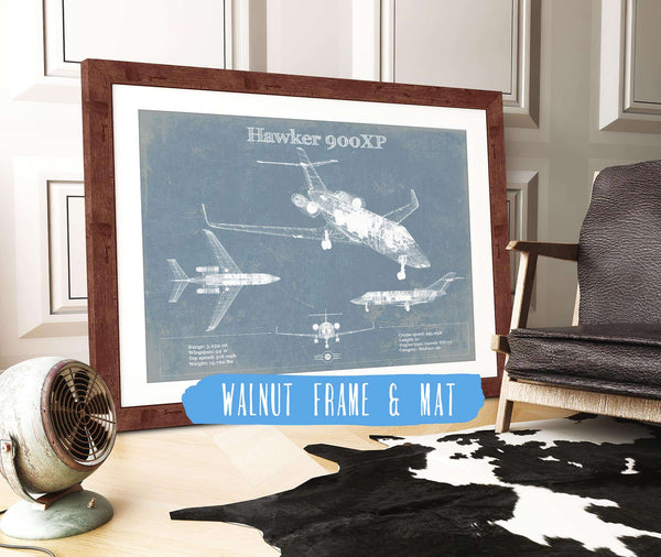 20" x 16" / Walnut Frame & Mat Cutler West Hawker 900XP Vintage Aviation Blueprint Print - Custom Pilot Name Can Be Added