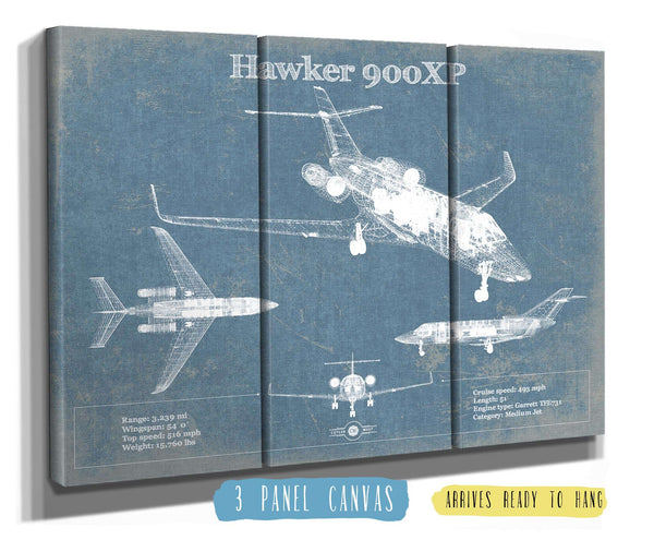 36" x 24" / 3 Panel Canvas Wrap Cutler West Hawker 900XP Vintage Aviation Blueprint Print - Custom Pilot Name Can Be Added
