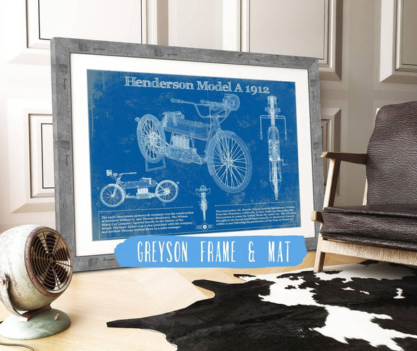 14" x 11" / Greyson Frame & Mat Cutler West Henderson Model A 1912 Motorcycle Patent Print