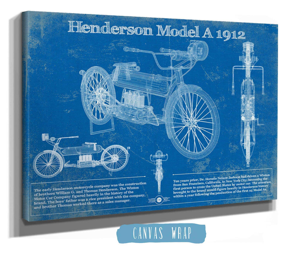 14" x 11" / Stretched Canvas Wrap Cutler West Henderson Model A 1912 Motorcycle Patent Print