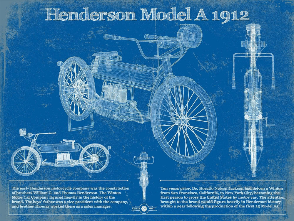 14" x 11" / Stretched Canvas Wrap Cutler West Henderson Model A 1912 Motorcycle Patent Print