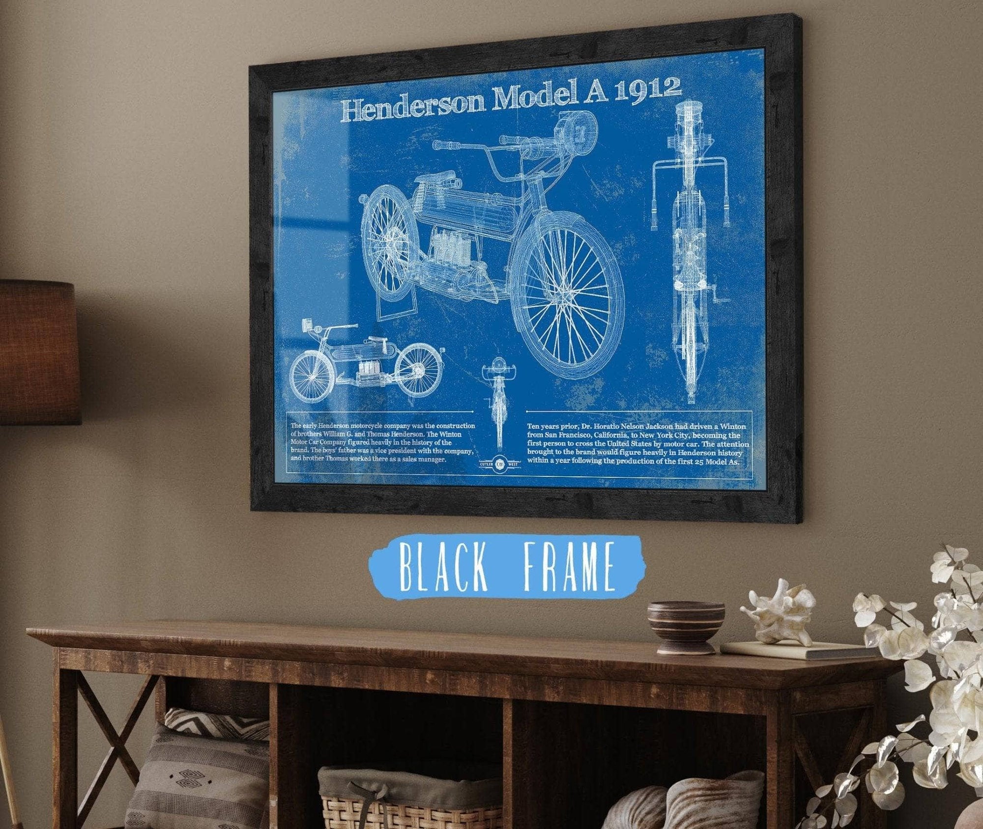 Cutler West 14" x 11" / Black Frame Henderson Model A 1912 Motorcycle Patent Print 945000345_63653