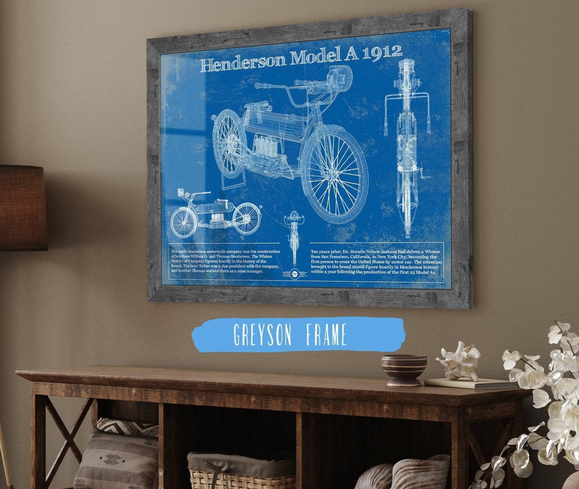Cutler West 14" x 11" / Greyson Frame Henderson Model A 1912 Motorcycle Patent Print 945000345_63659