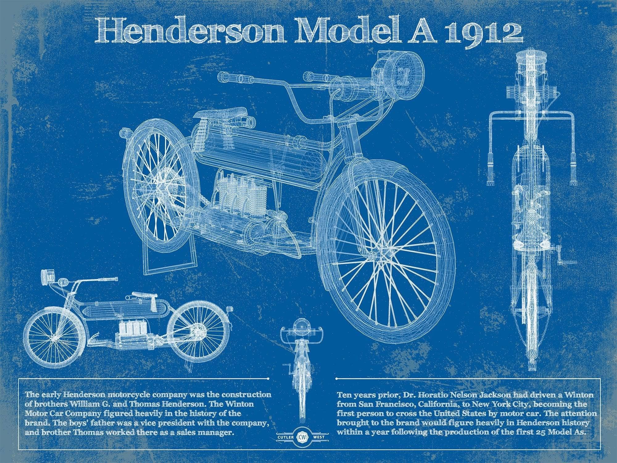 Cutler West 14" x 11" / Unframed Henderson Model A 1912 Motorcycle Patent Print 945000345_63652