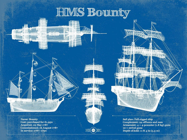 14" x 11" / Unframed Cutler West HM Armed Vessel Bounty Blueprint Original Wall Art