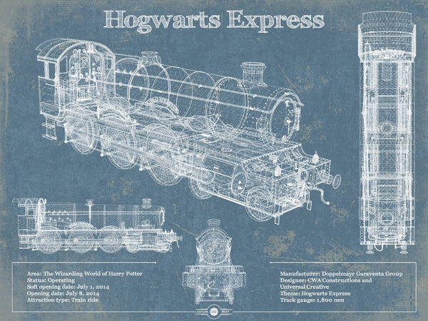 14" x 11" / Unframed Cutler West Hogwarts Express Vintage Blueprint Train Print