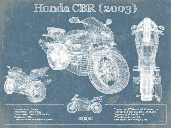 14" x 11" / Unframed Cutler West Honda CBR660RR 2003 Blueprint Motorcycle Patent Print