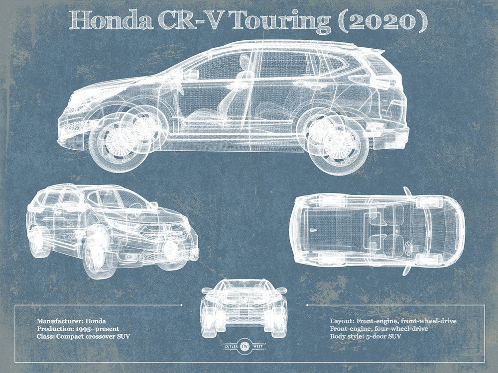 14" x 11" / Stretched Canvas Wrap Cutler West Honda CR-V Touring (2020) Vintage Blueprint Auto Print
