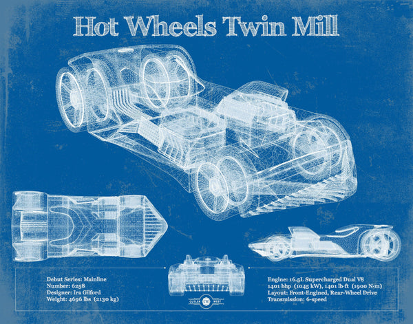14" x 11" / Unframed Cutler West Hot Wheels Twin Mill Blueprint Vintage Auto Print