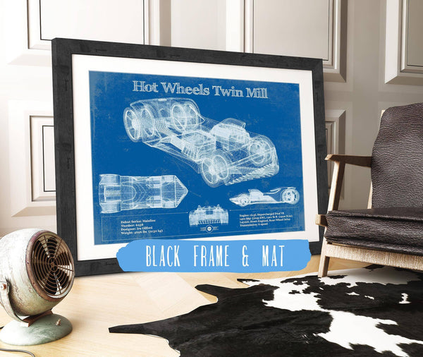 20" x 16" / Black Frame & Mat Cutler West Hot Wheels Twin Mill Blueprint Vintage Auto Print