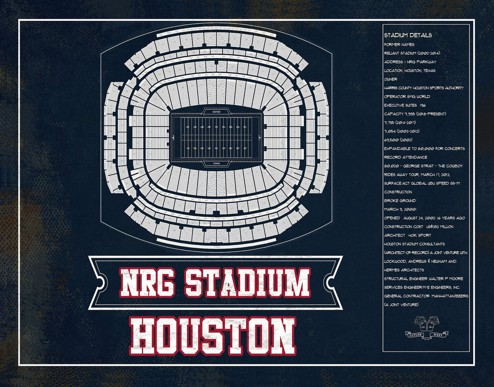 14" x 11" / Stretched Canvas Wrap Cutler West Houston Texans NRG Stadium Team Colors Seating Chart - Vintage Football Print