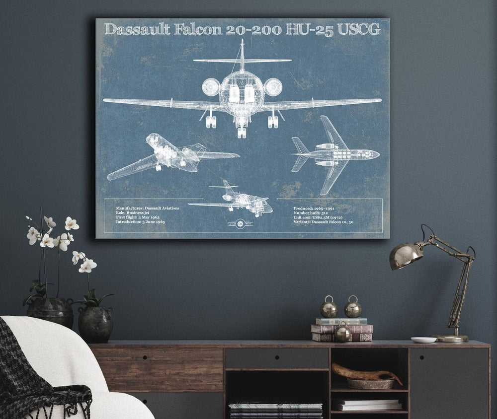 36" x 24" / 3 Panel Canvas Wrap Cutler West HU-25C Guardian (Falcon 20G) Vintage Aviation Blueprint Print - Custom Pilot Name can be Added
