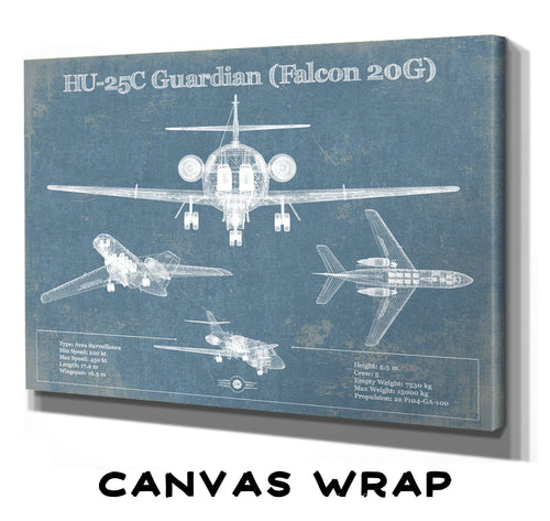 14" x 11" / Stretched Canvas Wrap Cutler West HU-25C Guardian (Falcon 20G) Vintage Aviation Blueprint Print - Custom Pilot Name can be Added