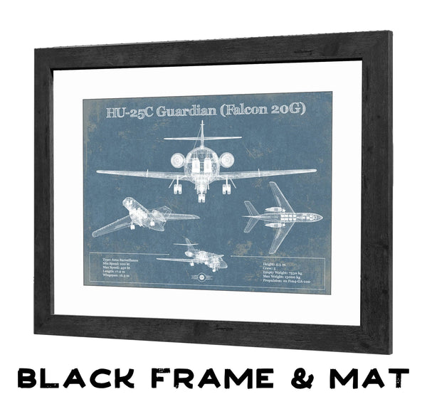 20" x 16" / Black Frame & Mat Cutler West HU-25C Guardian (Falcon 20G) Vintage Aviation Blueprint Print - Custom Pilot Name can be Added