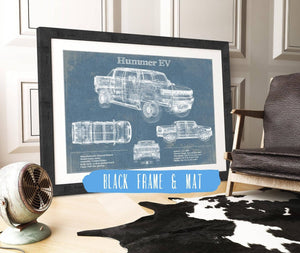 20" x 16" / Black Frame & Mat Cutler West Hummer EV Blueprint Vintage Auto Print