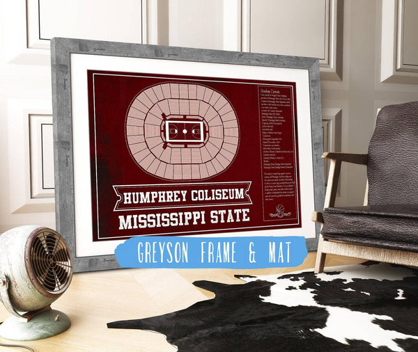 14" x 11" / Greyson Frame & Mat Cutler West Humphrey Coliseum - Mississippi State Bulldogs NCAA College Basketball Blueprint Art