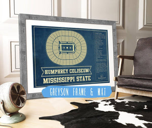 14" x 11" / Greyson Frame & Mat Cutler West Humphrey Coliseum - Mississippi State Bulldogs NCAA College Basketball Blueprint Art