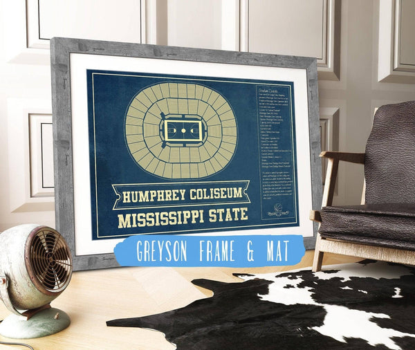 14" x 11" / Greyson Frame & Mat Cutler West Humphrey Coliseum - Mississippi State Bulldogs NCAA College Basketball Blueprint Art