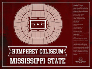 14" x 11" / Unframed Cutler West Humphrey Coliseum - Mississippi State Bulldogs NCAA College Basketball Blueprint Art
