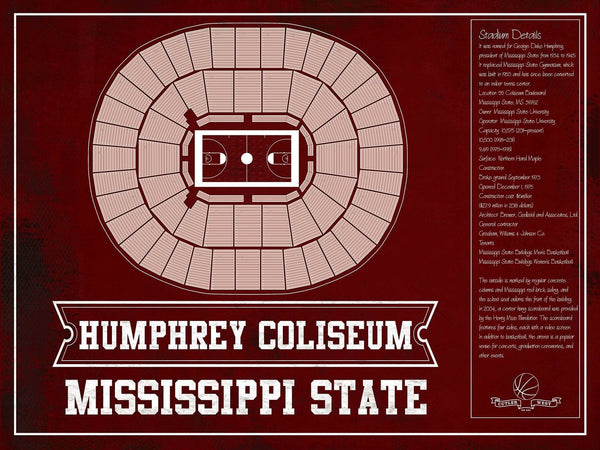 14" x 11" / Unframed Cutler West Humphrey Coliseum - Mississippi State Bulldogs NCAA College Basketball Blueprint Art