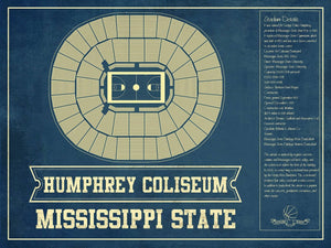 14" x 11" / Unframed Cutler West Humphrey Coliseum - Mississippi State Bulldogs NCAA College Basketball Blueprint Art