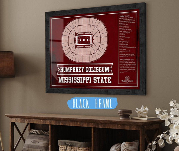 20" x 16" / Black Frame Cutler West Humphrey Coliseum - Mississippi State Bulldogs NCAA College Basketball Blueprint Art