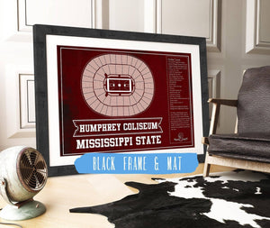20" x 16" / Black Frame & Mat Cutler West Humphrey Coliseum - Mississippi State Bulldogs NCAA College Basketball Blueprint Art