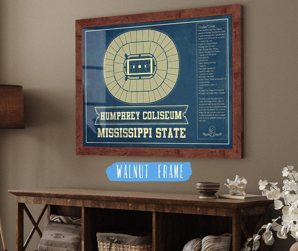 20" x 16" / Walnut Frame Cutler West Humphrey Coliseum - Mississippi State Bulldogs NCAA College Basketball Blueprint Art
