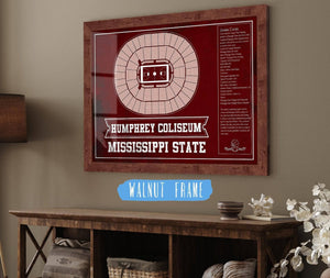 20" x 16" / Walnut Frame Cutler West Humphrey Coliseum - Mississippi State Bulldogs NCAA College Basketball Blueprint Art