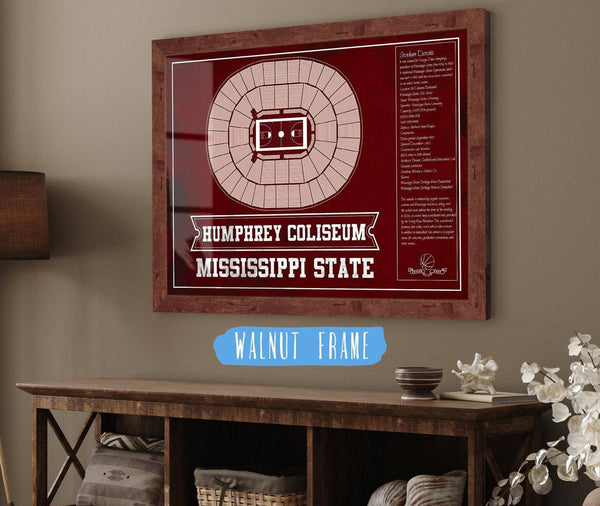 20" x 16" / Walnut Frame Cutler West Humphrey Coliseum - Mississippi State Bulldogs NCAA College Basketball Blueprint Art