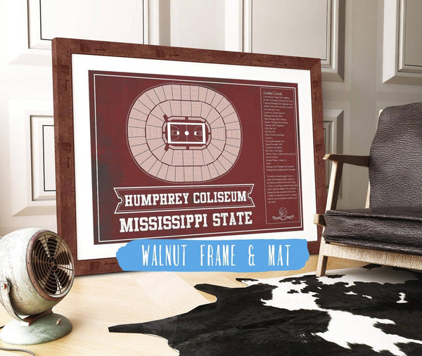 20" x 16" / Walnut Frame & Mat Cutler West Humphrey Coliseum - Mississippi State Bulldogs NCAA College Basketball Blueprint Art