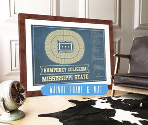 20" x 16" / Walnut Frame & Mat Cutler West Humphrey Coliseum - Mississippi State Bulldogs NCAA College Basketball Blueprint Art