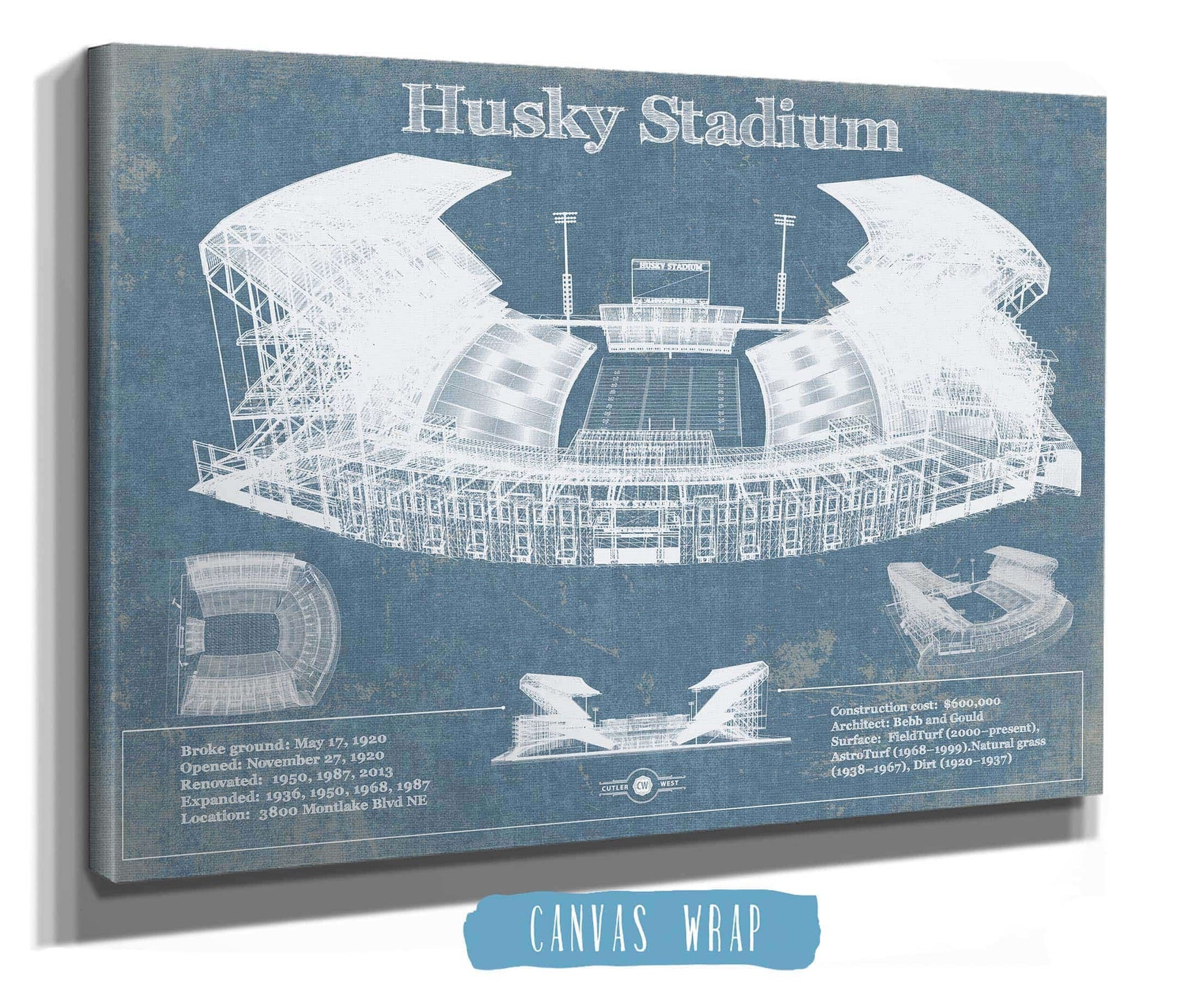 Cutler West College Football Collection Washington Huskies Art Blue Version - Husky Stadium Vintage Stadium Blueprint Art Print