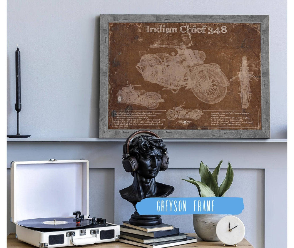 14" x 11" / Stretched Canvas Wrap Cutler West Indian Chief 348 Brown Background Vintage Original Motorcycle Blueprint