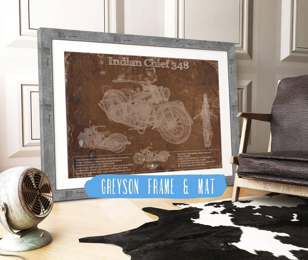 14" x 11" / Greyson Frame & Mat Cutler West Indian Chief 348 Brown Background Vintage Original Motorcycle Blueprint