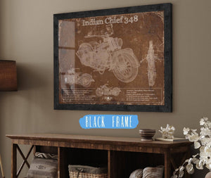 20" x 16" / Black Frame Cutler West Indian Chief 348 Brown Background Vintage Original Motorcycle Blueprint