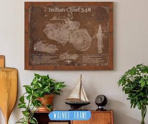 20" x 16" / Walnut Frame Cutler West Indian Chief 348 Brown Background Vintage Original Motorcycle Blueprint