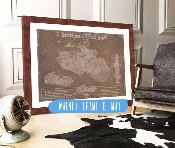 20" x 16" / Walnut Frame & Mat Cutler West Indian Chief 348 Brown Background Vintage Original Motorcycle Blueprint