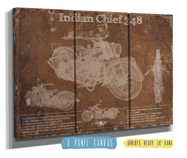 36" x 24" / 3 Panel Canvas Wrap Cutler West Indian Chief 348 Brown Background Vintage Original Motorcycle Blueprint