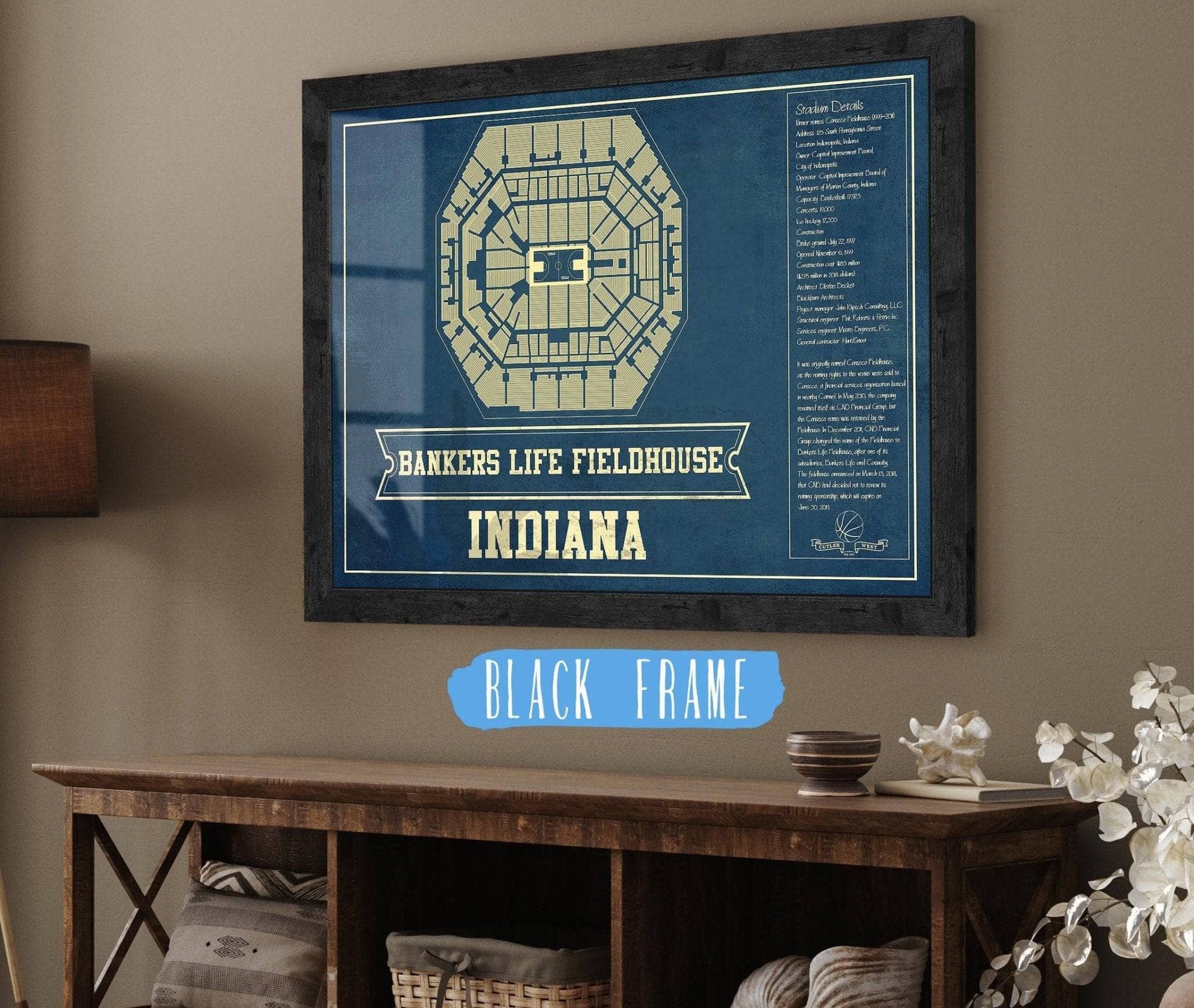 Cutler West Basketball Collection 14" x 11" / Black Frame Indiana Pacers Bankers Life Fieldhouse Vintage Basketball Blueprint NBA Print 933350166_76564