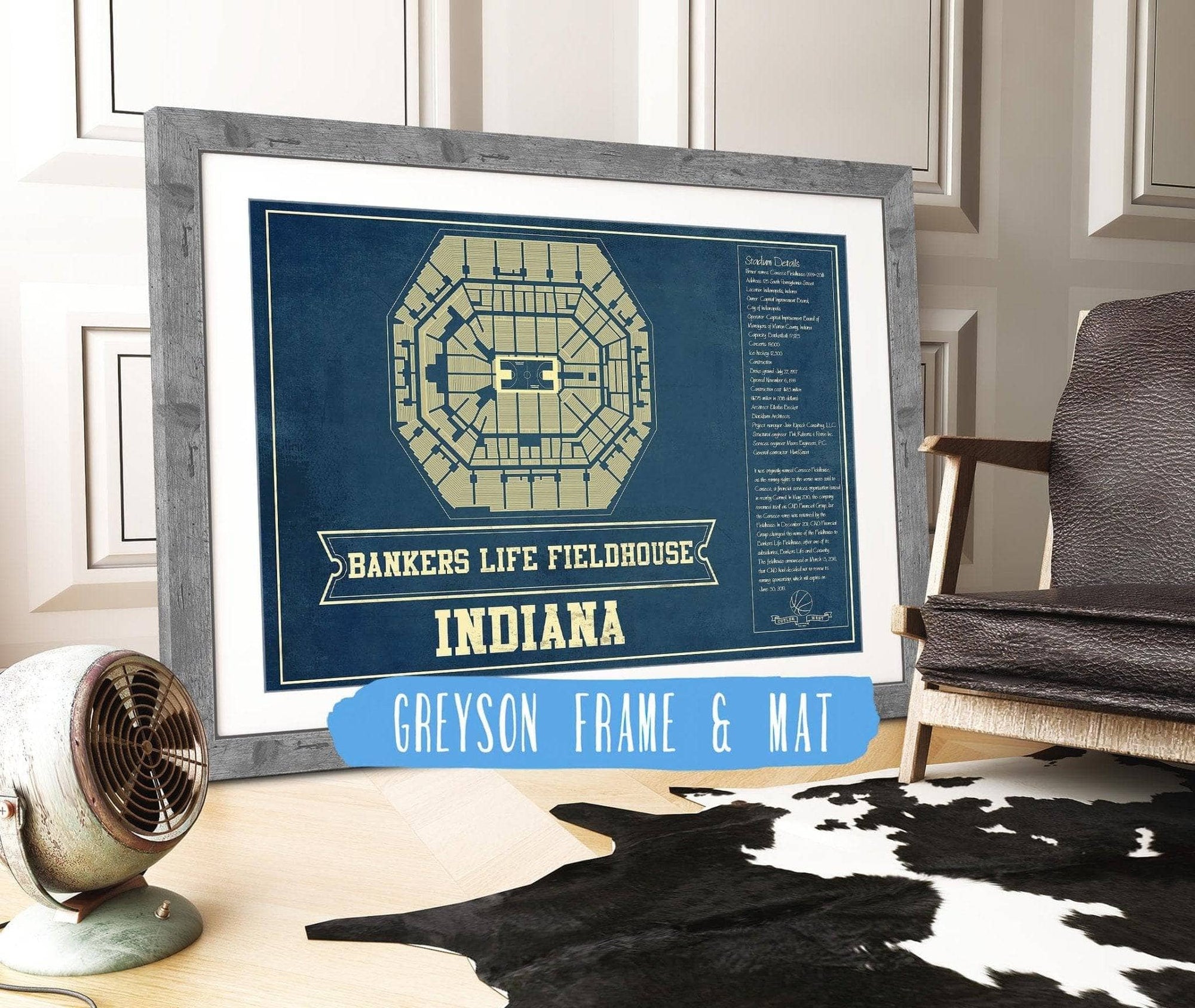 Cutler West Basketball Collection 14" x 11" / Greyson Frame Mat Indiana Pacers Bankers Life Fieldhouse Vintage Basketball Blueprint NBA Print 933350166_76571