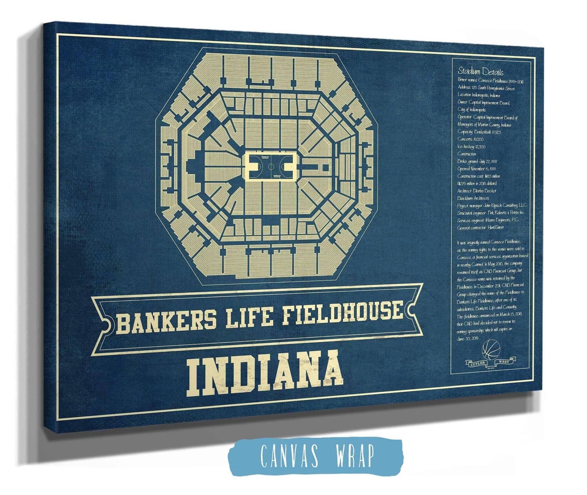 Cutler West Basketball Collection Indiana Pacers Bankers Life Fieldhouse Vintage Basketball Blueprint NBA Print